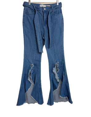 Denim Blvd Los Angeles NWT Flare Jeans Size L Light Wash Slit Hem Frayed Edge